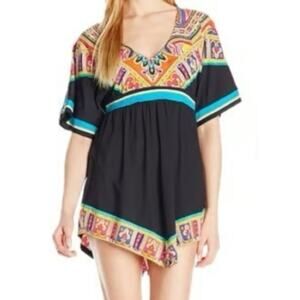 Trina Turk Size M Nepal Black Paisley Tunic Swim Cover up Mini Dress Luxury Pool